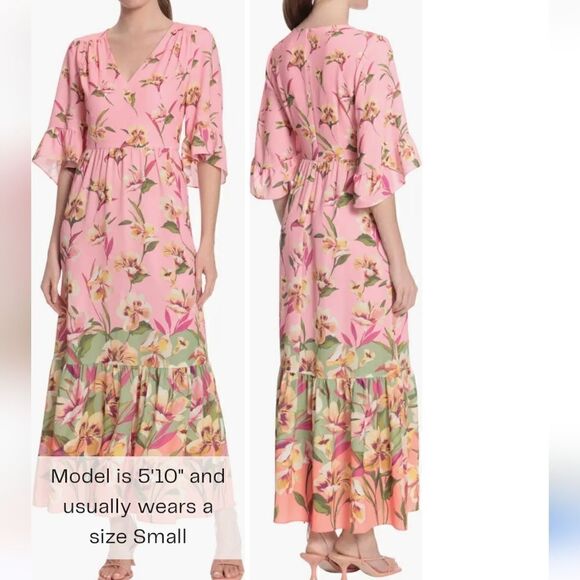 Blooming V-Neck High Low Flounce Sleeve DressLondon Times - Picture 1 of 9